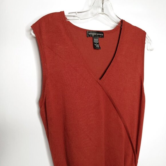 Womens Sleeveless V Neck Sweater L Rust Red Tassels Macrame Belt Boho Hippie - Picture 2 of 6